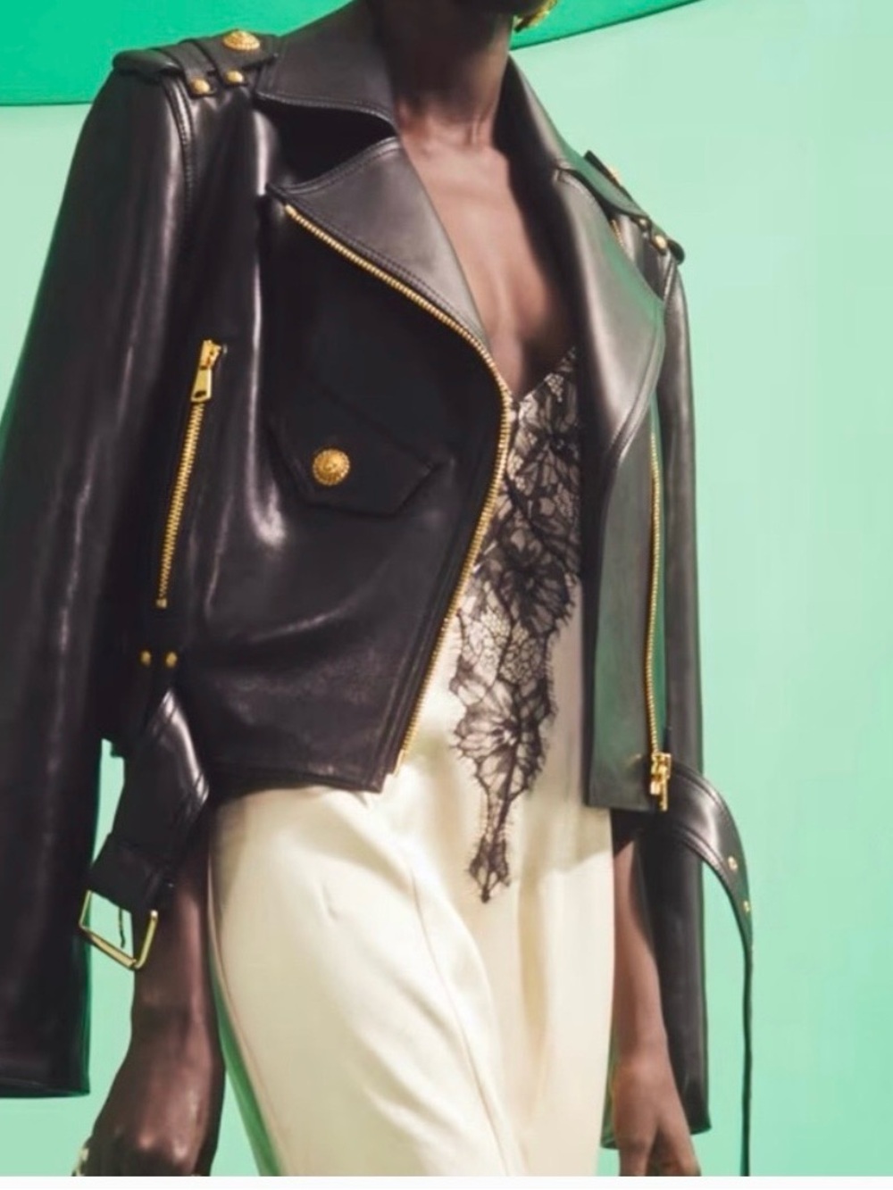 BALIMAN Black Leather Biker Jacket with Gold Hardware